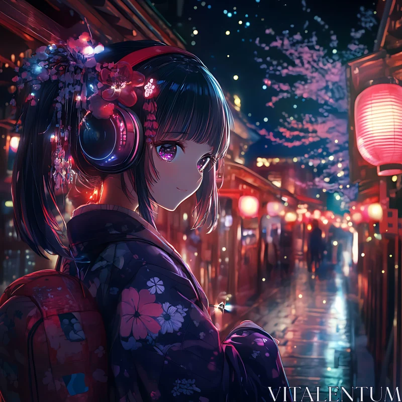 Anime Character in Kimono with Headphones AI Image