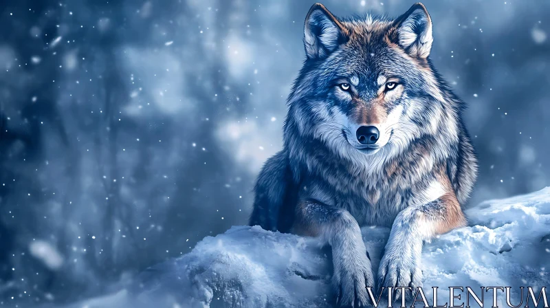 AI ART Wolf Resting on Snowy Hillside