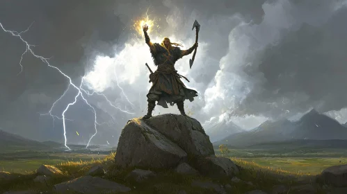 Viking Warrior with Axe in Lightning Storm