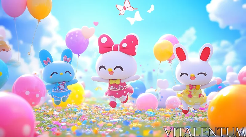 Whimsical Rabbits and Balloons Celebration AI Image