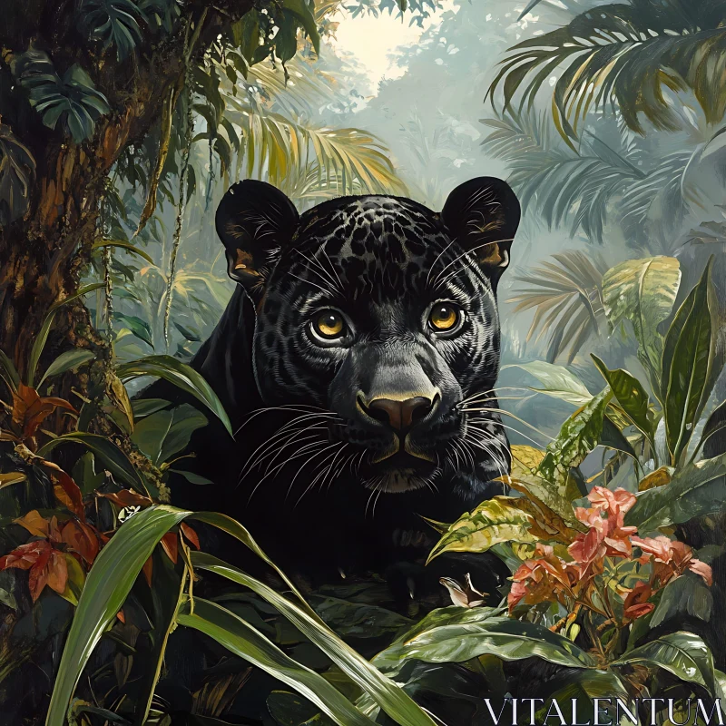 AI ART Panther Portrait in Lush Foliage