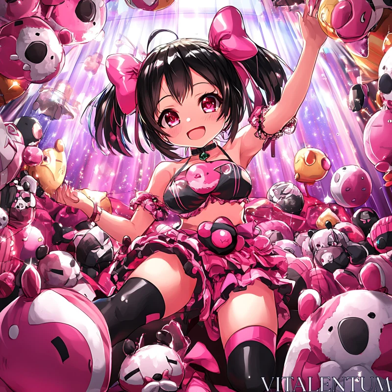 Playful Anime Girl in a Whimsical World of Pink Dolls AI Image