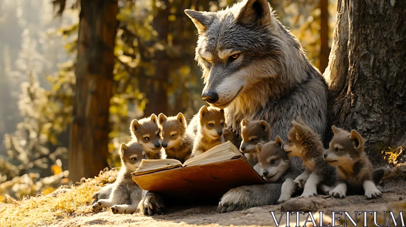 AI ART Wolf and Cubs Reading Together