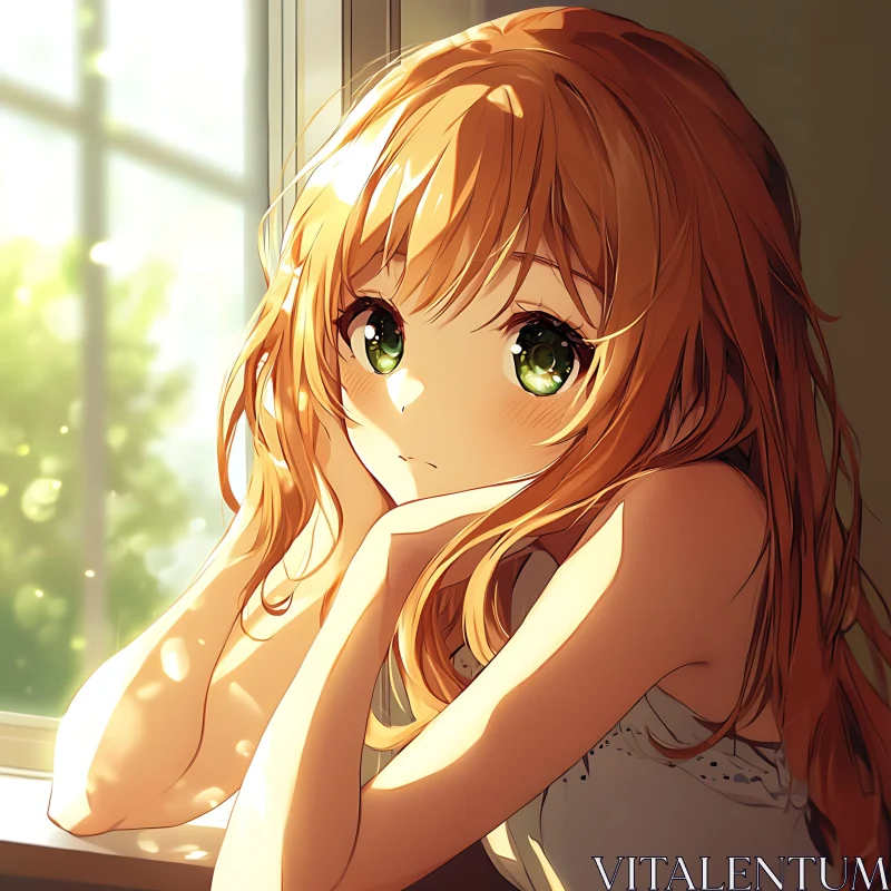 Contemplative Anime Girl in Sunlit Room AI Image