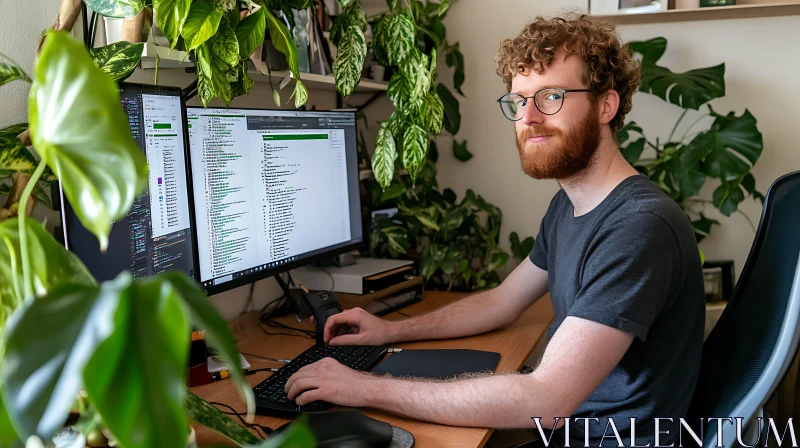 Indoor Workspace with Man and Greenery AI Image