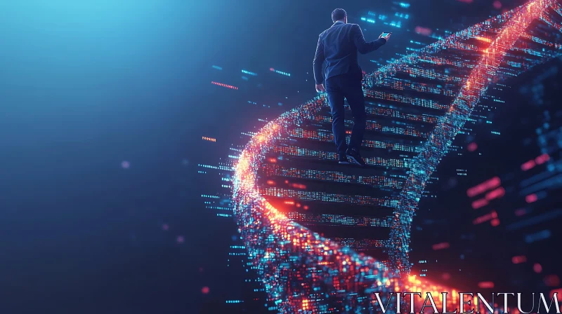 Digital Ascent: Man on the DNA Stairway AI Image