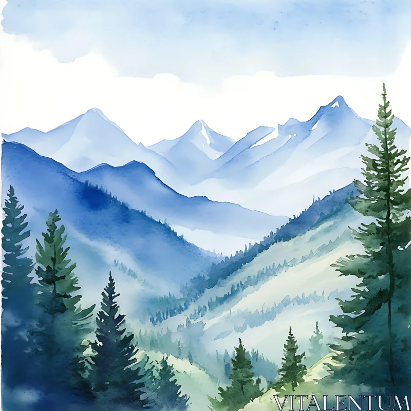 Serene Mountain Landscape in Watercolor AI Image