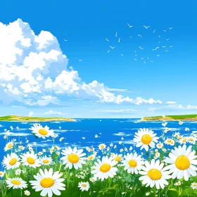 White Daisies and Blue Seascape