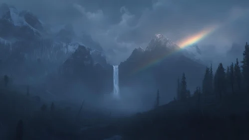 Rainbow Over Mountain Waterfall Scenery