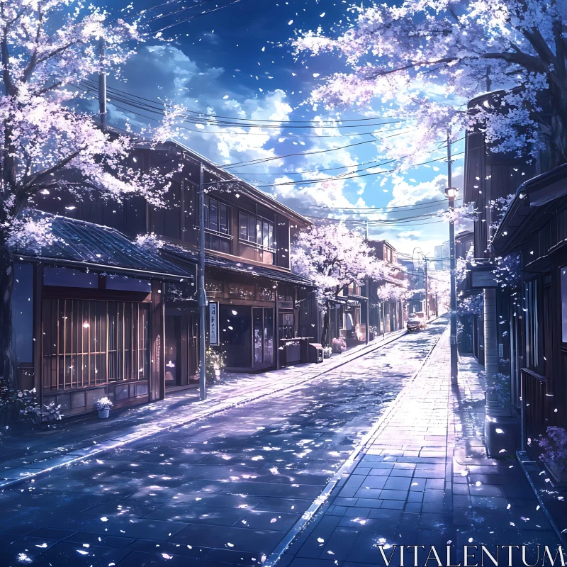 Anime Spring Street Scene with Cherry Blossoms AI Image