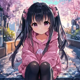 Cute Anime Girl in Pink Hoodie and Cherry Blossoms