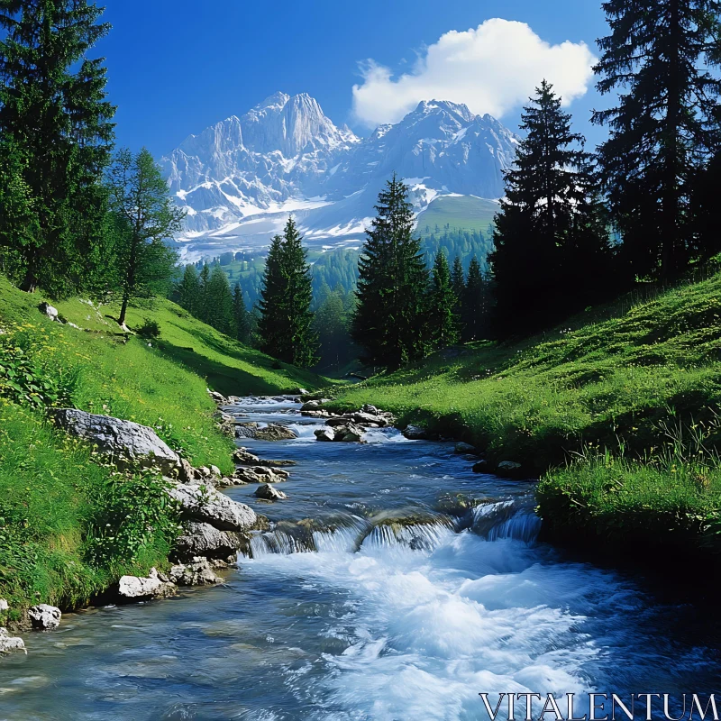 Mountain River Flowing Through Green Hills AI Image