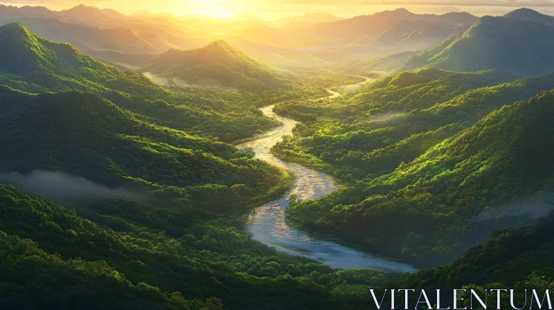 Sunlit Valley with Winding River AI Image