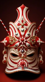 Elaborate Red Asian Style Mask on Vibrant Background | Precise Nautical Detail