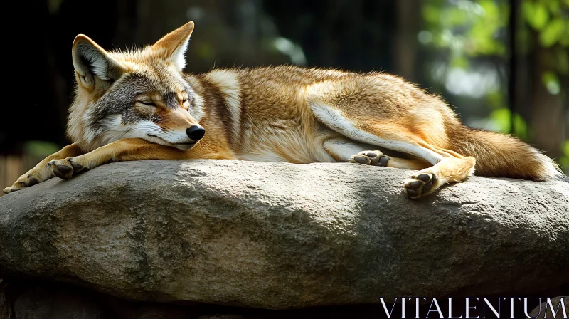 AI ART Tranquil Coyote Portrait on a Rock