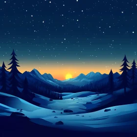 Mountain Sunset with Stars and Snow