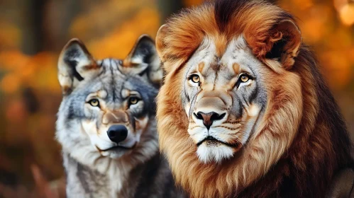 Wildlife Portrait: Lion and Wolf Together