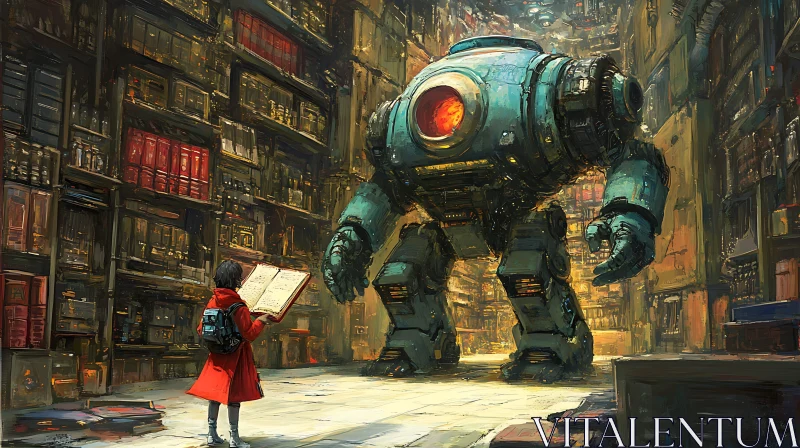 Robot and Reader in Old Library AI Image