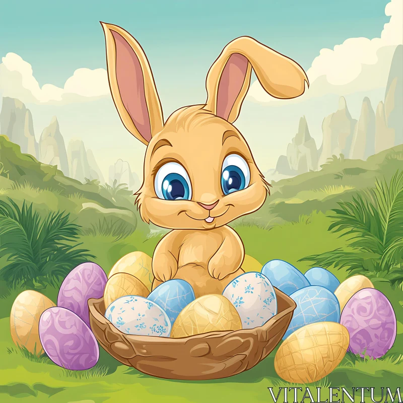 Cartoon Easter Bunny with Basket of Eggs AI Image