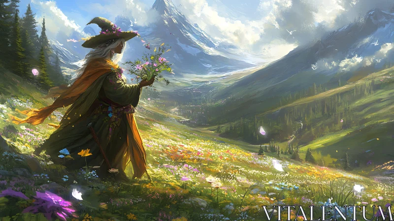 Serene Witch with Flowers in Nature AI Image