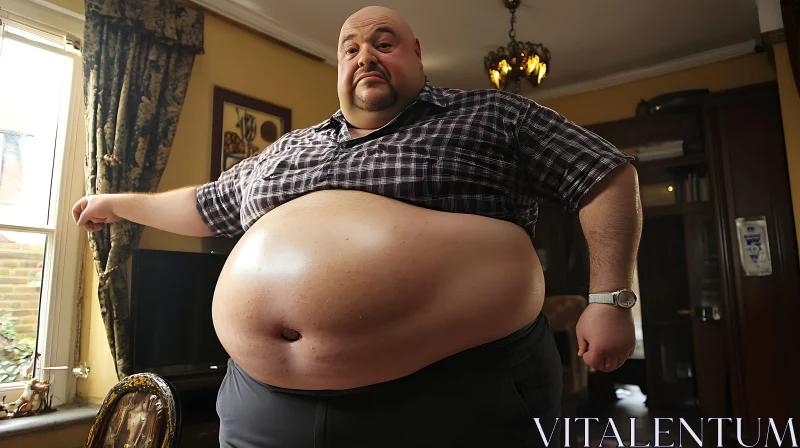 Man with a large belly in room AI Image