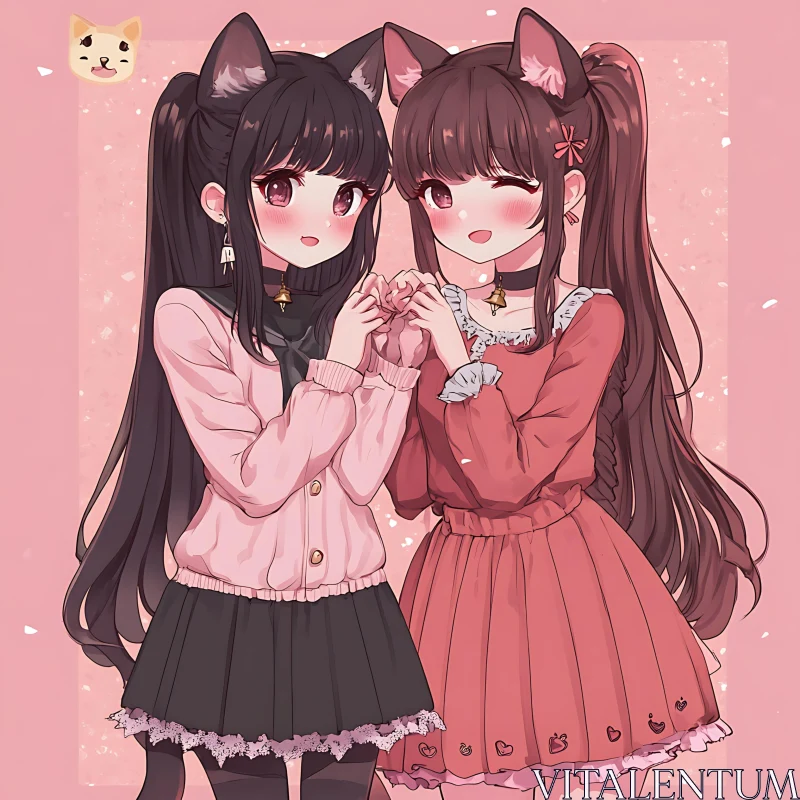 Adorable Anime Girls in Pink and Black Outfits AI Image