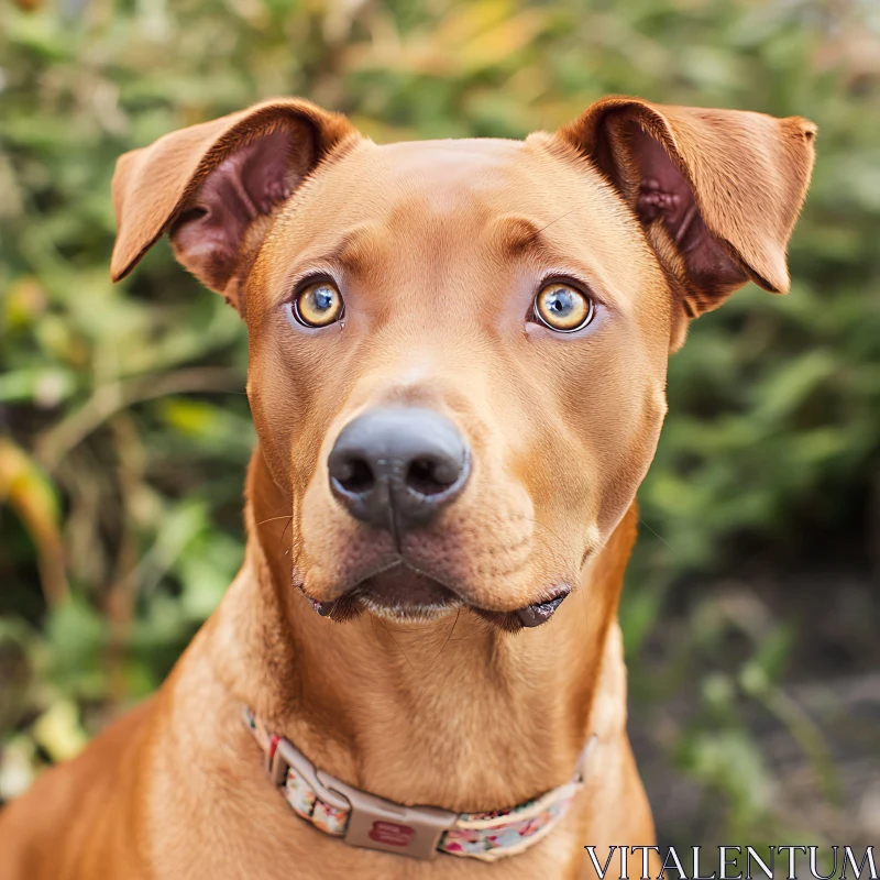 Brown Dog with Floral Collar in Natural Setting AI Image