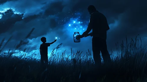 Magical Starry Night With Father and Son