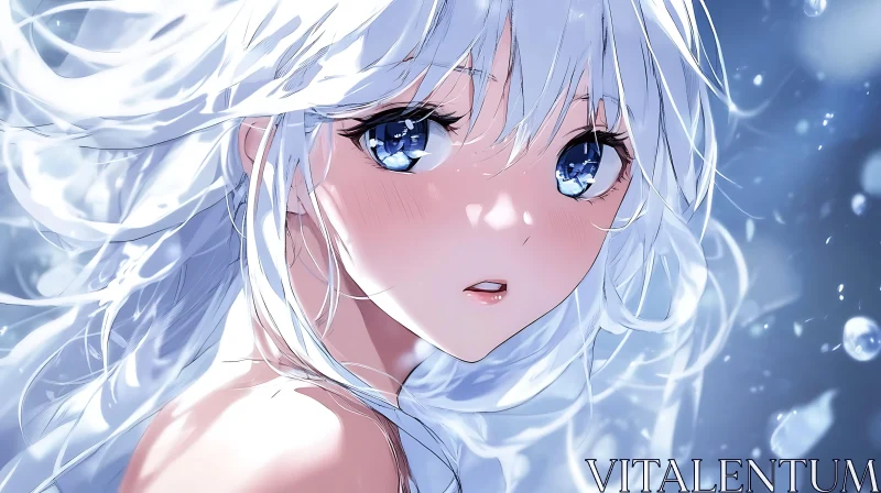 Ethereal Anime Character with Flowing White Hair and Expressive Blue Eyes AI Image