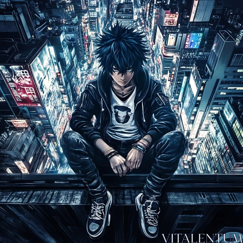 Cyberpunk Anime Character in Illuminated Urban Landscape AI Image