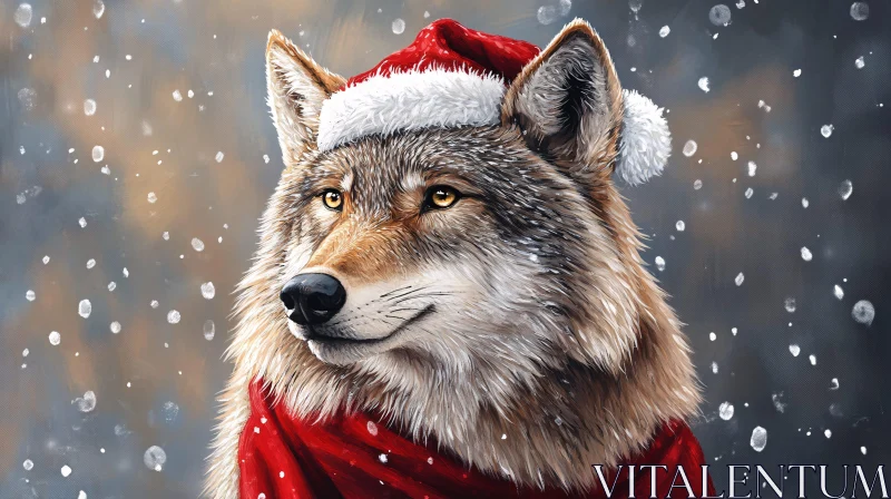 Wolf in Santa Hat Winter Artwork AI Image