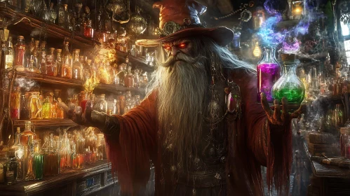 Magical Wizard with Potions Illustration