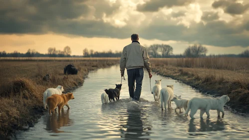 Man and Dogs Traversing a Waterlogged Path in Open Field