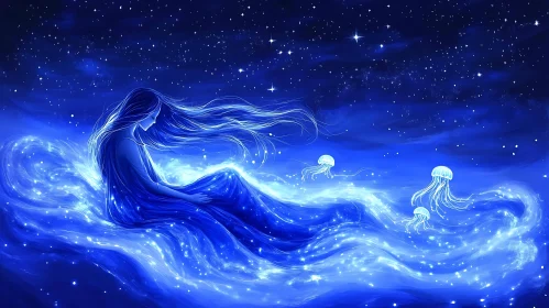 Dreamlike Scene: Woman, Jellyfish, and Stars