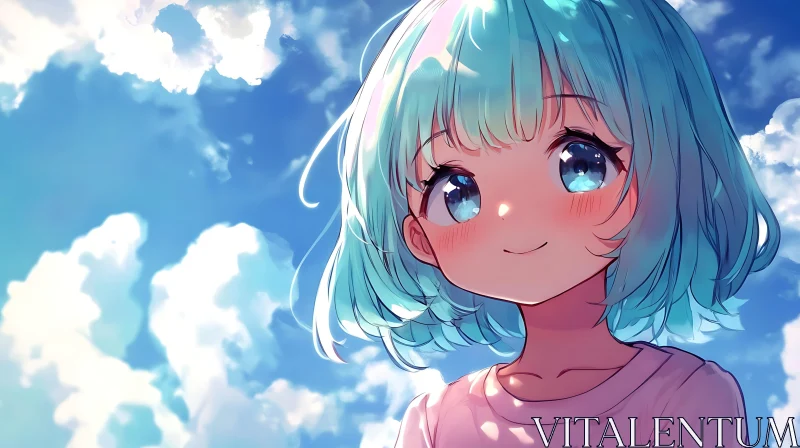 Blue-Haired Anime Girl in Sky AI Image