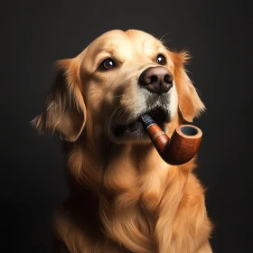 Golden Retriever Holding Classic Pipe