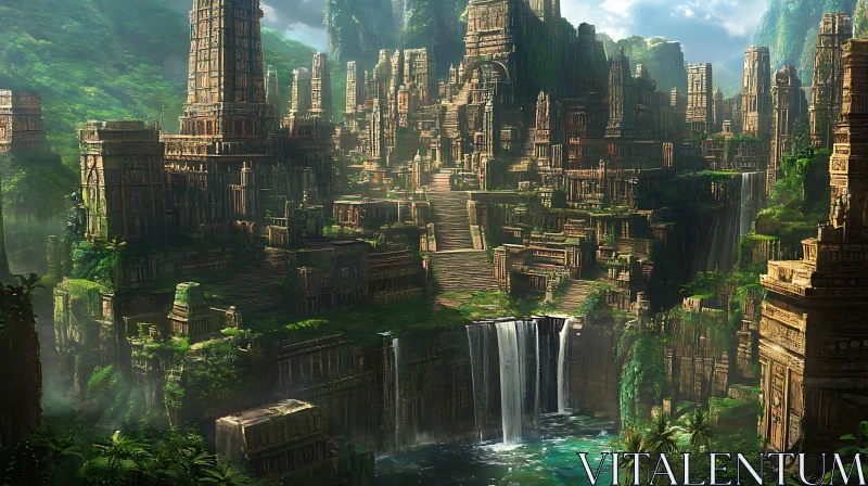 AI ART Lost Civilization: Jungle Waterfall City