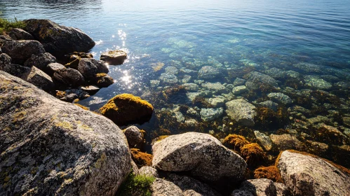 Sunlit Lakeside with Rocks and Clear Waters