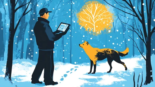 Snowy Forest Scene with Dog and Tablet