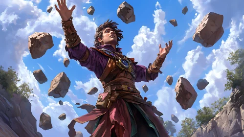 Levitating Stone Sorcerer Under Blue Skies