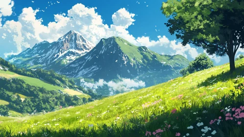 Lush Green Hills and Snowy Peaks