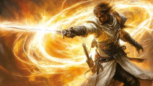 Hero with Sword in Fiery Light