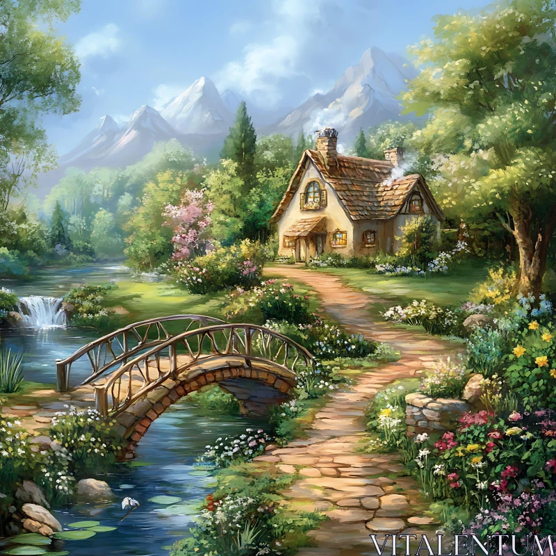 Idyllic Cottage Scene with Flowered Path AI Image