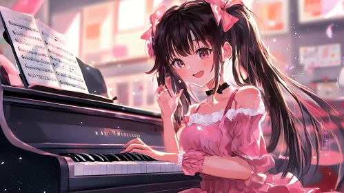 Anime Girl at Piano in Pink