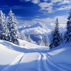 Snowy Mountain Landscape with Tire Tracks