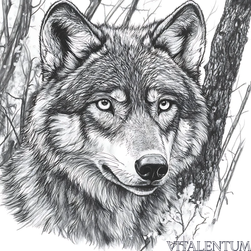 AI ART Detailed Wolf Illustration in Black and White