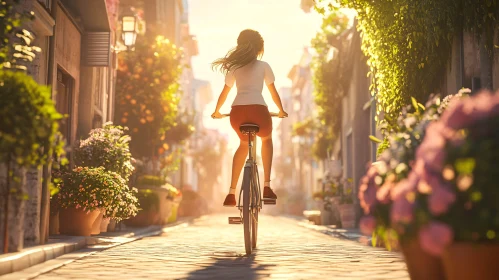 Girl's Bicycle Ride in Sunlit Flower Street