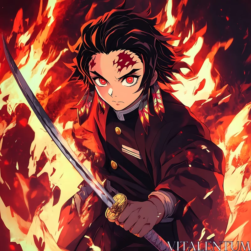 Anime Character with Sword in Fiery Scene AI Image