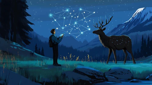 Stargazer and Deer in Forest