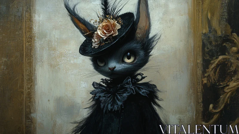 Black Cat in Vintage Clothing and Hat AI Image